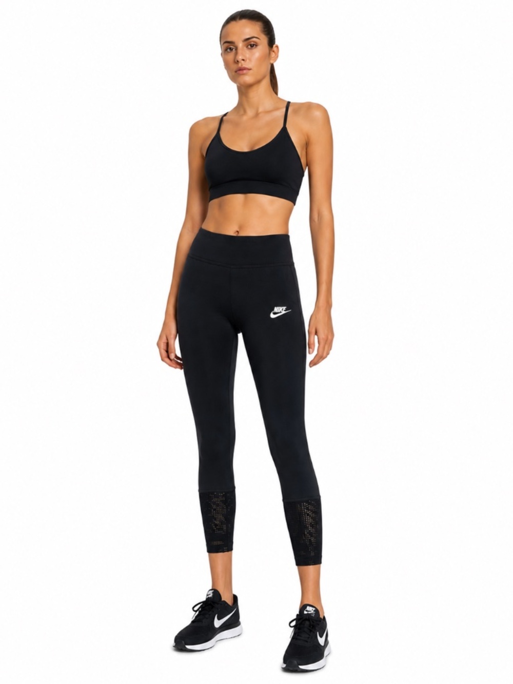 Nike Black Leggings with Mesh Hem & White Logo – Size Medium GUC